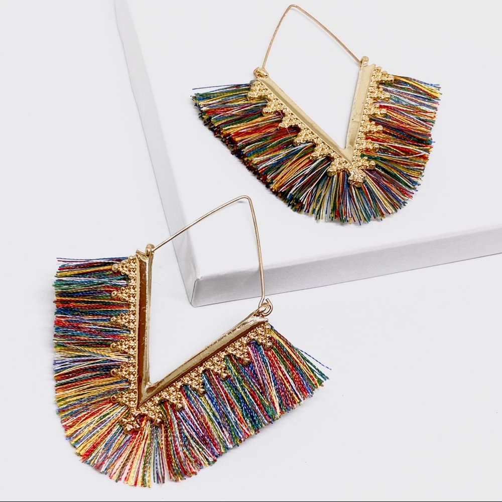2/$35🖤 Anthropologie Colorful Fringe Gold Plated Filigree Hoop Earrings